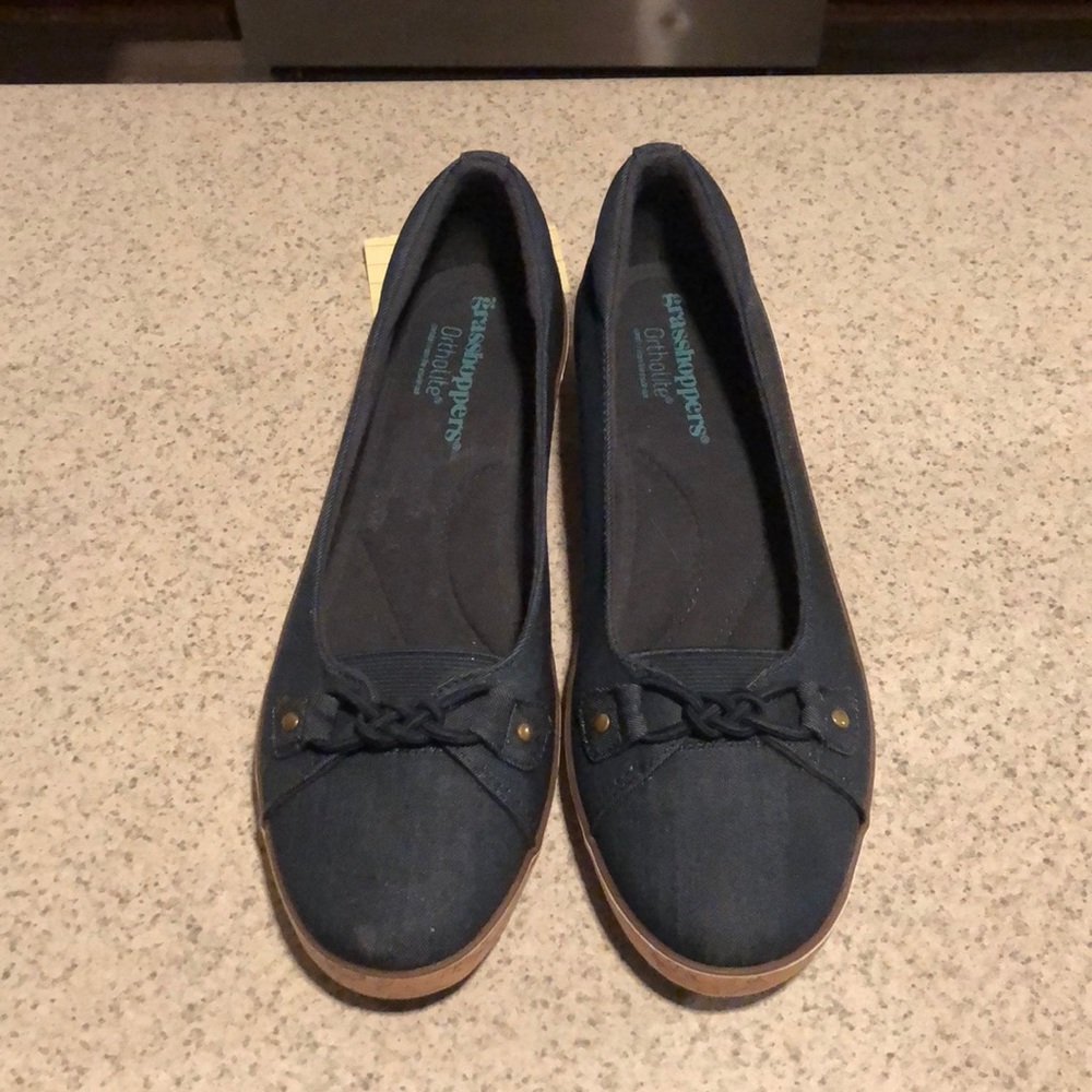 Grasshopper navy/denim cork bottom wedge loafers